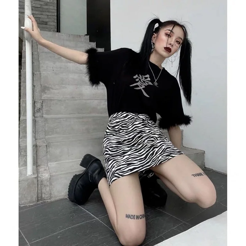 

HOUZHOU Gothic Skirt Women Punk Japanese High Waist Kpop Zebra Print A-line Mini Skirt Summer Dark Harajuku E Girl Streetwear