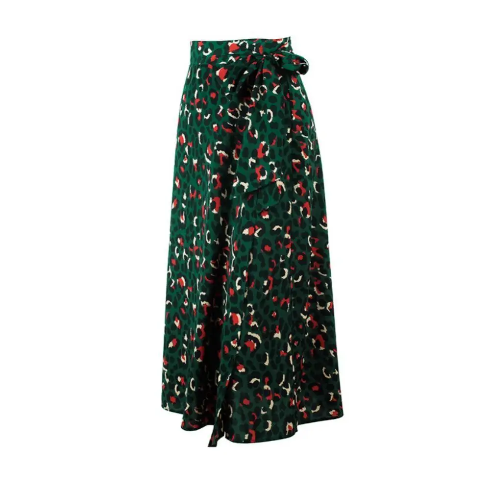 

80% Hot Sale Summer Beach Vintage Leopard PrintÂ Bow Tie Split Women High Waist Midi Skirt