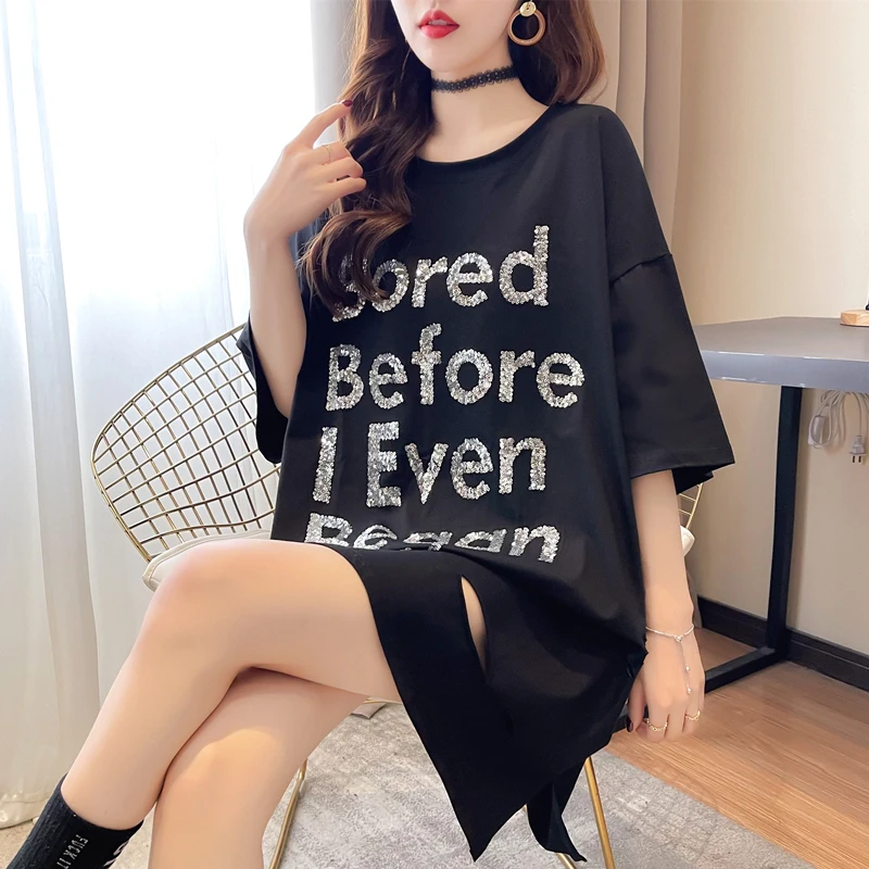 #0708 желтая черная белая женская футболка с блестками свободная уличная одежда в