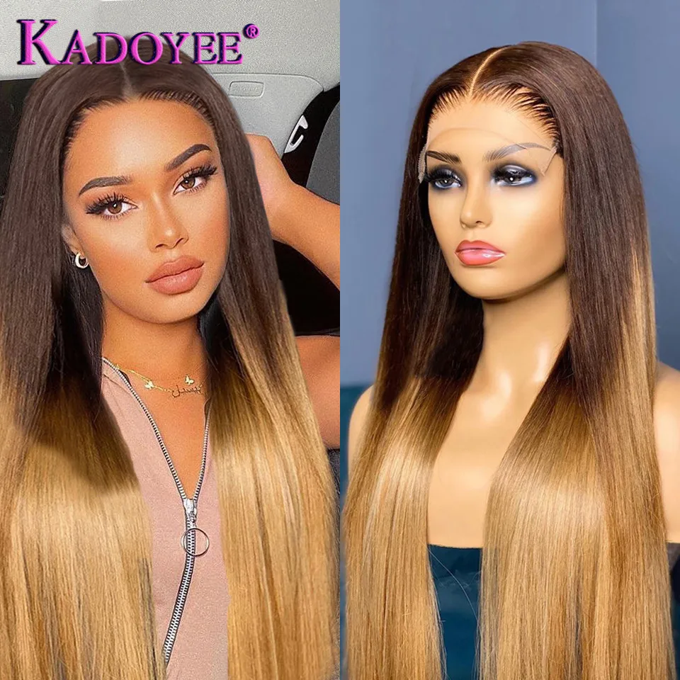 Long Straight Wigs Ombre Brown Blonde Human Hair 13×1 T Part Lace Wigs For Black Women Brazilian Human Hair Wigs Remy Hair Wigs
