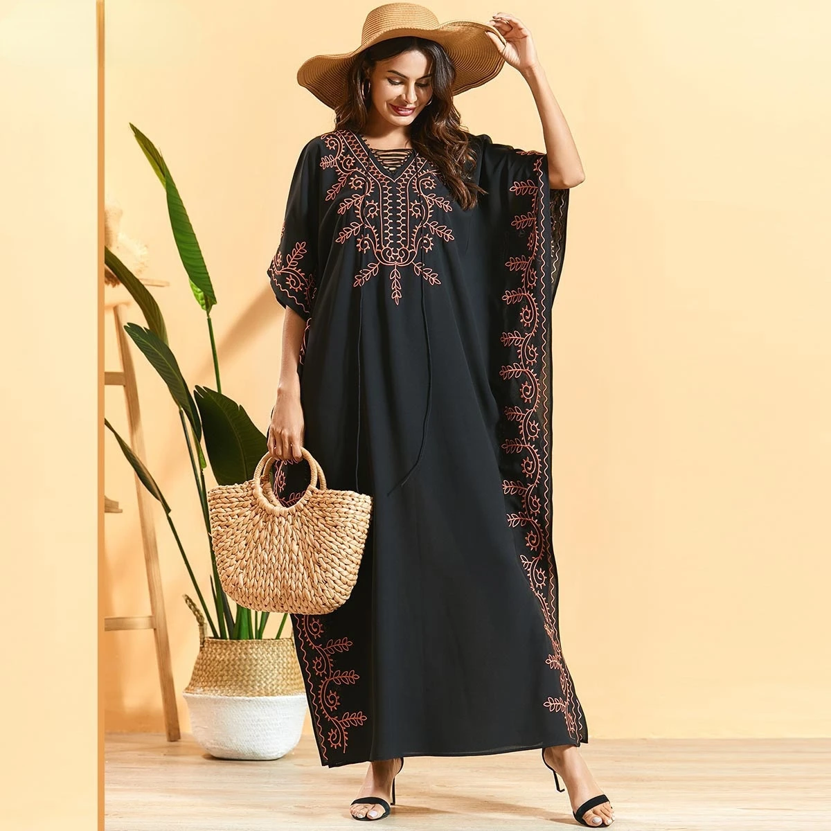 

Мусульманский модный халат, Женская юбка с рукавом летучая мышь, с вышивкой, плиссированная, в богемном стиле, длинная юбка, арабские Абайи д...