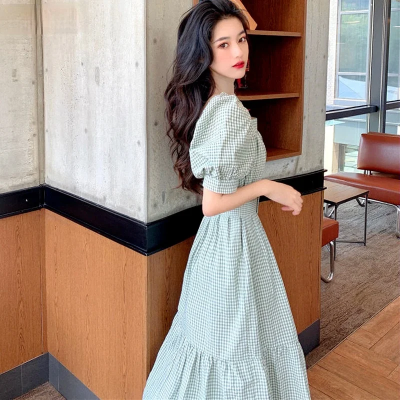 

Women Short Puff Sleeve Dress Sashes High Waist Plaid Candy Color Fresh Sweet Large Size S-3XL Summer Vacation Females Fashion