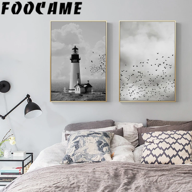 Подножки Маяк птица дерево Северный плакат печать стены Искусство живописный