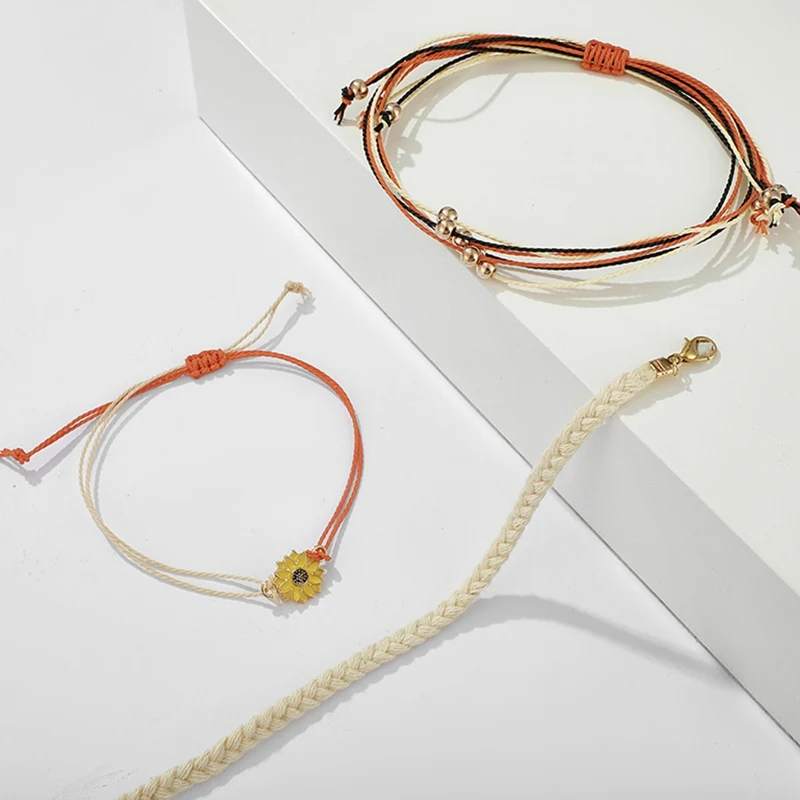 

3pcs/set Handmade Bracelet Set Braided Charms Bracelets Sunflower Multilayer Rope Chain Lucky String Jewelry For Women