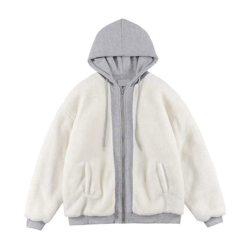 

Couple Lamb Plush Jacket For Men And Women Autumn And Winter Loose Tide Brand Versatile Fake Two-piece Hoodies Coat