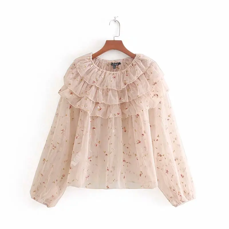 Женская мода 6 цветов Цветочная вышивка Повседневная сетчатая Рубашка Блузки