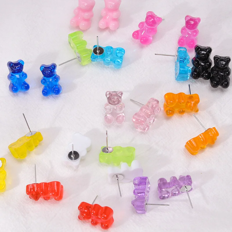 Kids Candy Color Jelly Bear Stud Earrings Women Girl Cartoon Transparent Bear Barrette Fashion Cute Resin Gummy Bear Jewelry images - 6