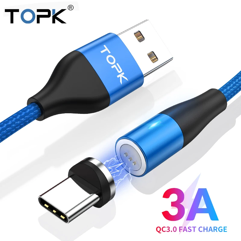 TOPK AM60 3A 3rd Generation Fast Charging LED Magnetic USB Type C Cable for Xiaomi Redmi Note 7 USB Data Charging USB C Cable