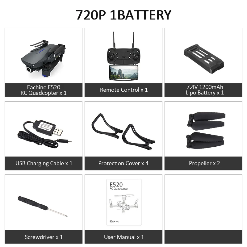 720P 1battery Eachine E520 wifi FPV с 4 K/1080 P HD широкоугольная камера высокая высота режим удержания складной Радиоуправляемый Дрон Квадрокоптер RTF - Цвет: 720P 1battery