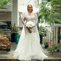 aso ebi mermaid wedding dresses without veil sheer neck long sleeves plus size arabic lace bridal dress vestidos de novia