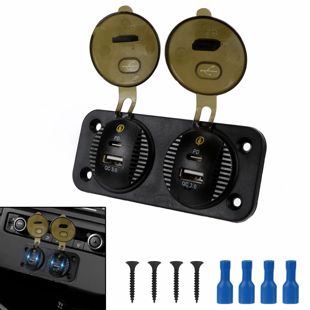 

36W Power Adapter Socket 12-24V Outlet Panel Car Charger Socket Dual QC 3.0 USB & PD Charger for Car Boat Marine RV Waterproof