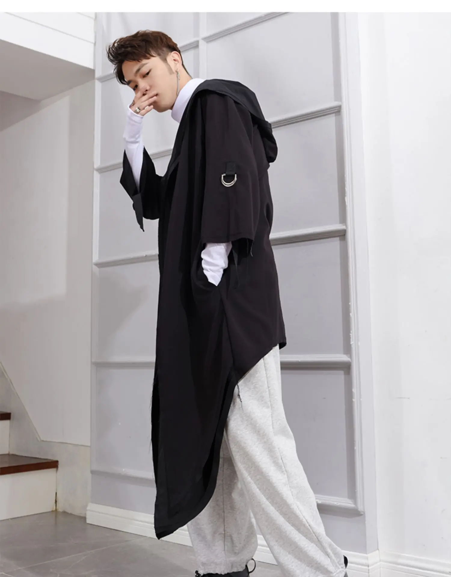 Мужская куртка на весну и осень с шапочкой свободная шаль пальто Повседневная