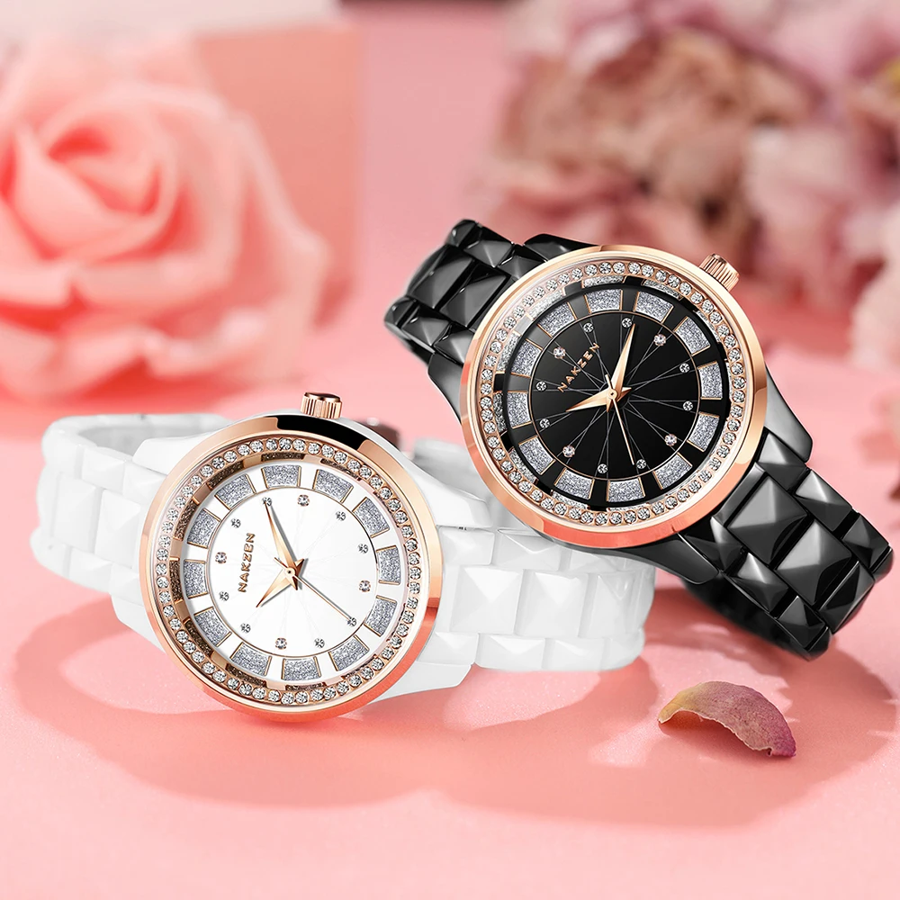 NAKZEN Design Quartz Ladies Watch High Quality Ceramic Bracelet White Watches Luxury Diamond Clock Gifts for Women Relojes De Mu