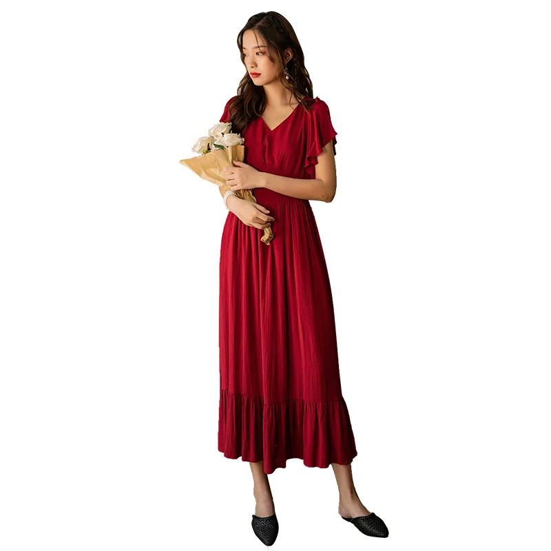 

Maxi Women Burgundy Cotton Dress Summer 2020 Runway Elegant Vintage Party Dress Long Retro Casual Beach Vacation Korean Dress