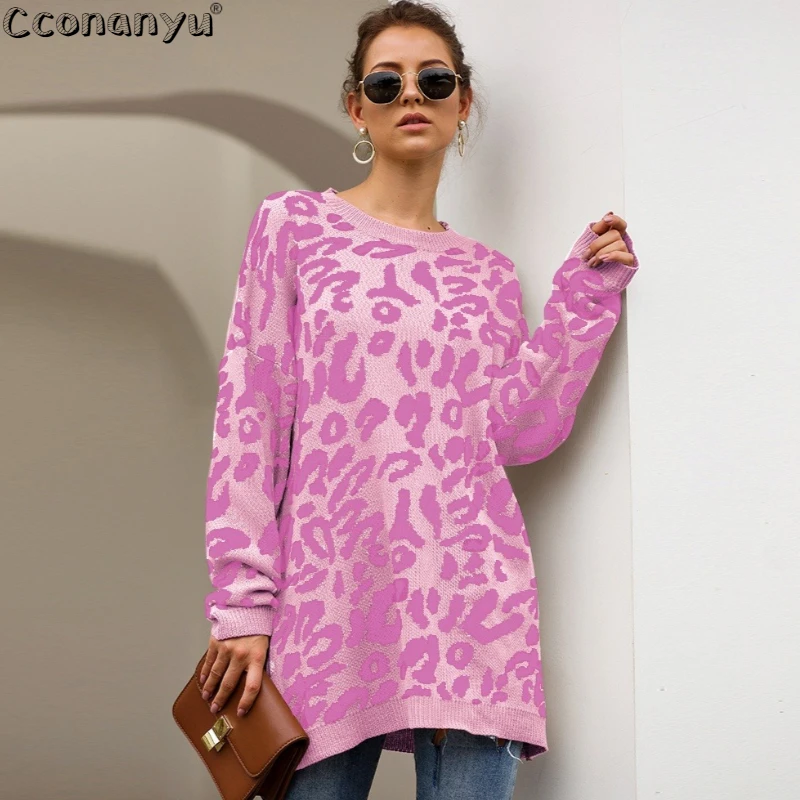 2019 autumn winter clothing ladies long sweater fashion womens loose pullovers and sweaters leopard print knitted sweater free global shipping