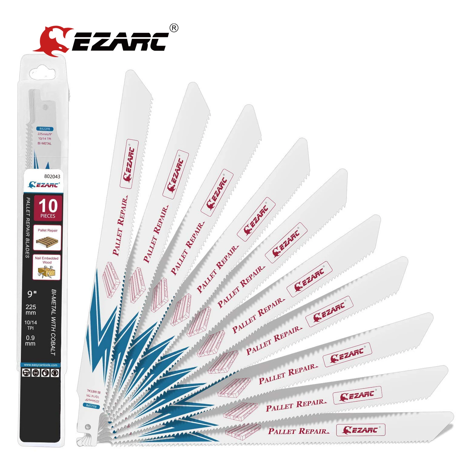 

EZARC 225cm 10pc Reciprocating Saw Blades Heavy Duty Bi-Metal with 8% Cobalt for Nail Embedded Wood and Pallet DismantlingR922PR
