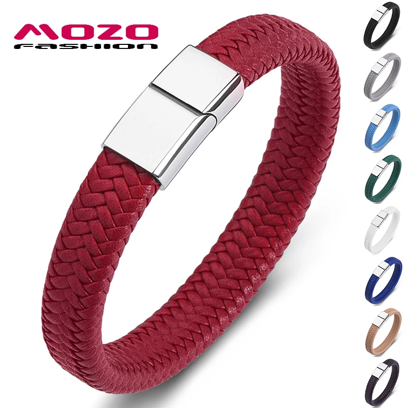 

Fashion Punk Men Jewelry Red Braided Leather Bracelet Stainless Steel Magnetic Clasp Fashion Female Bangles Gift
