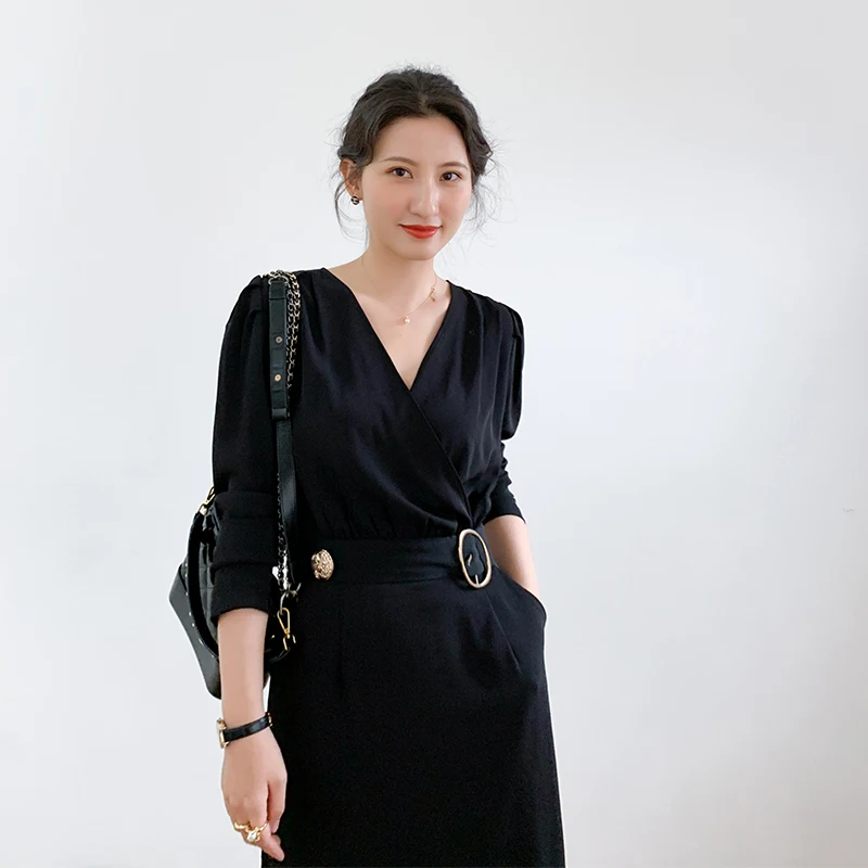 Женское черное платье с запахом новинка весны 2020 винтажное миди металлическим