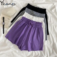 casual purple high waist shorts vintage zipper drawstring loose wide leg sports capri pants women harajuku basic korean clothes