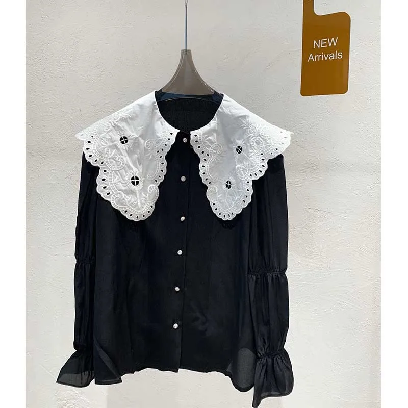 

Женская блузка с вышивкой на воротнике, черная винтажная блузка из 2021 шелка с рукавами-фонариками, Весна 100%