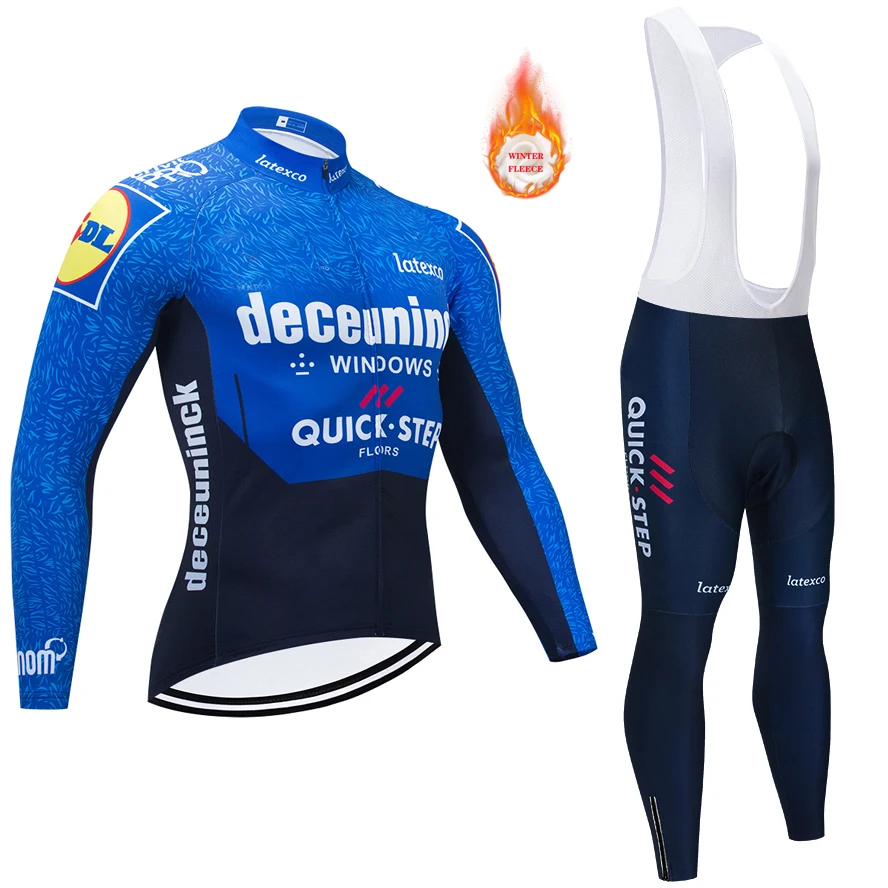 

Quick Step Team Winter Cycling Jersey Set blue Bicycle Clothing Thermal Fleece Men long Sleeve bike pants ropa ciclismo hombre