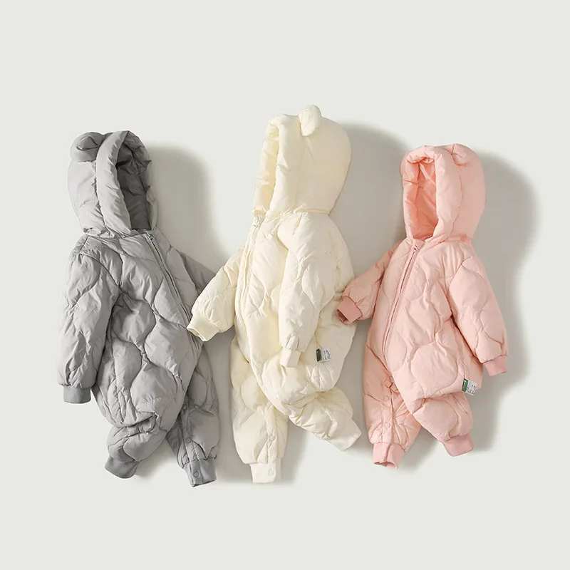 

Baby Down Jacket 2021 Autumn Winter New Korean Warm Clothes Girls Fashion Romper Newborn Boy Solid Color Shooded One-Piece