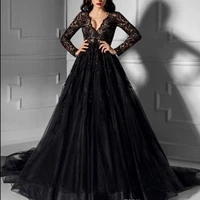 black tulle lace bridal gown princess simple feminine v neck cut out long sleeves sequins pure color party dresses plus size