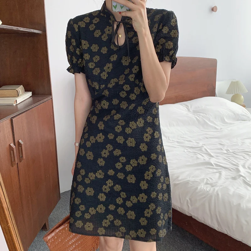 

Чонсам в стиле ретро, Черное мини-платье с цветочным рисунком, облегающее женское шикарное винтажное платье с 2021 фотографией