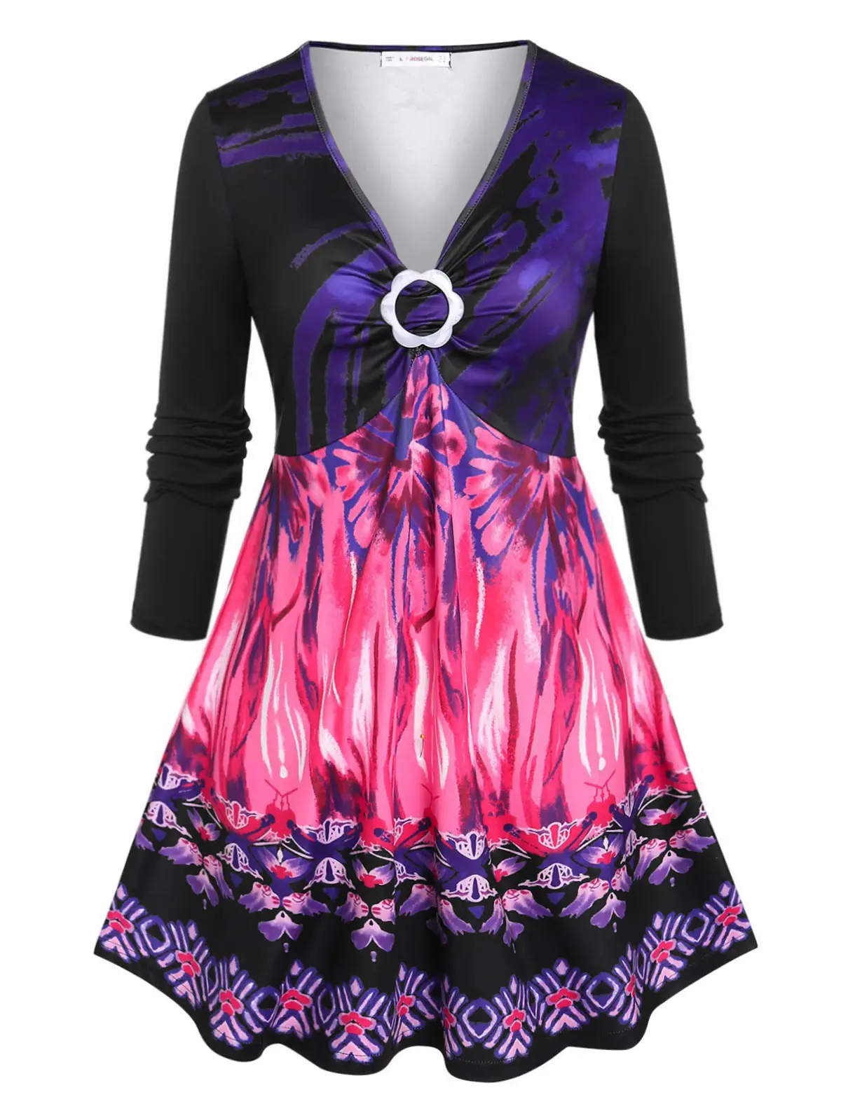 

Plus Size O Ring FemaleT-shirt Autumn Winter High Stretch Tops Long Sleeve Casual Tee Fashion Flower Printed V-Neck Blouses 5XL