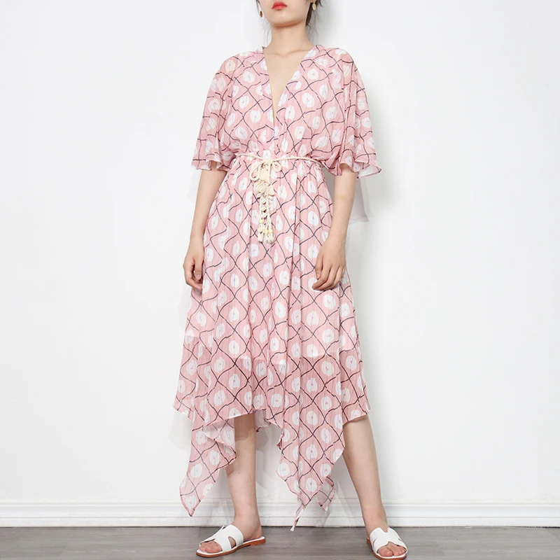 

TWOTWINSTYLE Elegant Print Summer Dress For Women V Neck Short Sleeve High Waist Irregular Hem Dresses Female Fashion New 2021
