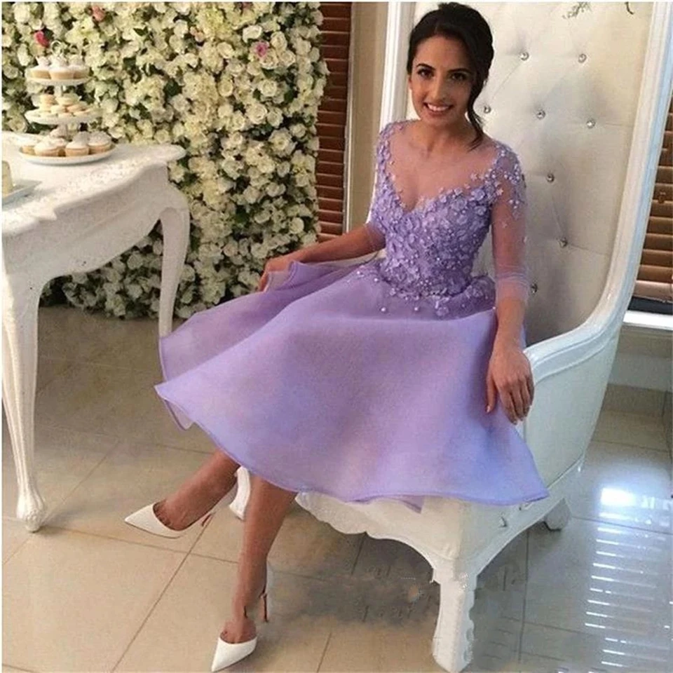 

Light Purple Cocktail Dresses 2020 Women Formal Party Night Short Prom Dress 3/4 Sleeves Homecoming Gowns Tulle Graduation Dress