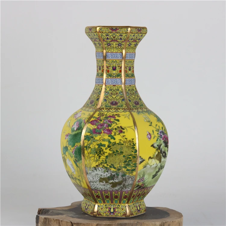 

Qing Dynasty Qianlong famille роза цветок и птица узор с вазой Античная покрытая эмалью ваза антикварная игра фарфоровая коллекция домашняя ваза