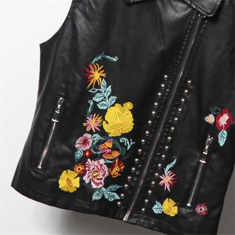 

Spring Oversized Leather Vests Female Autumn Leather Vest Pu Rivet Waistcoat Pu Embroidery Outerwear Slim Veste Manteau Abrigo
