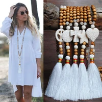 handmade ethnic vintage wooden beads sweater chain natural stone charms white tassel necklace women clothing accessory gifts