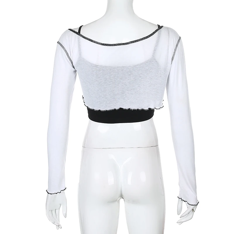 

Fake Two Pieces Letter Embroidery Long Sleeve Women T-shirt Summer Autumn See-through Crop Top Casual O-Neck Female Tops