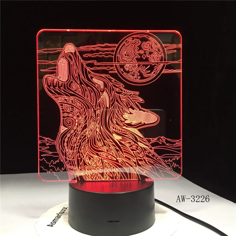 3D-3226 полнолуние ночь Howl Волк 3D светодиодный акриловый RGB Ночной светильник USB
