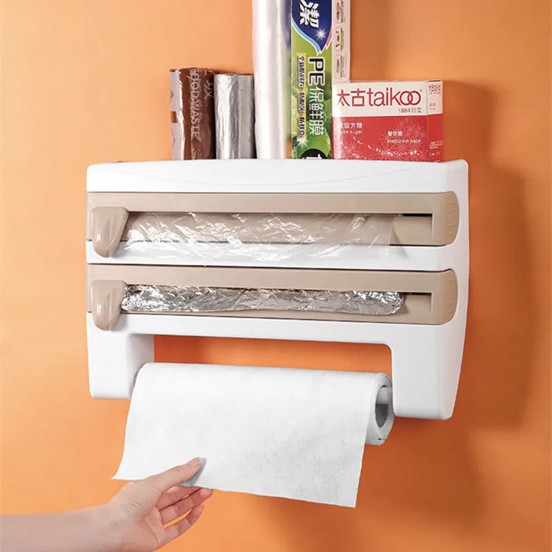 

Multifunctional Kitchen Storage Organizer Cling Film Cutter Tin Foils Roll Dispenser Paper Towel Holder Spice Bottle Shelf Rack