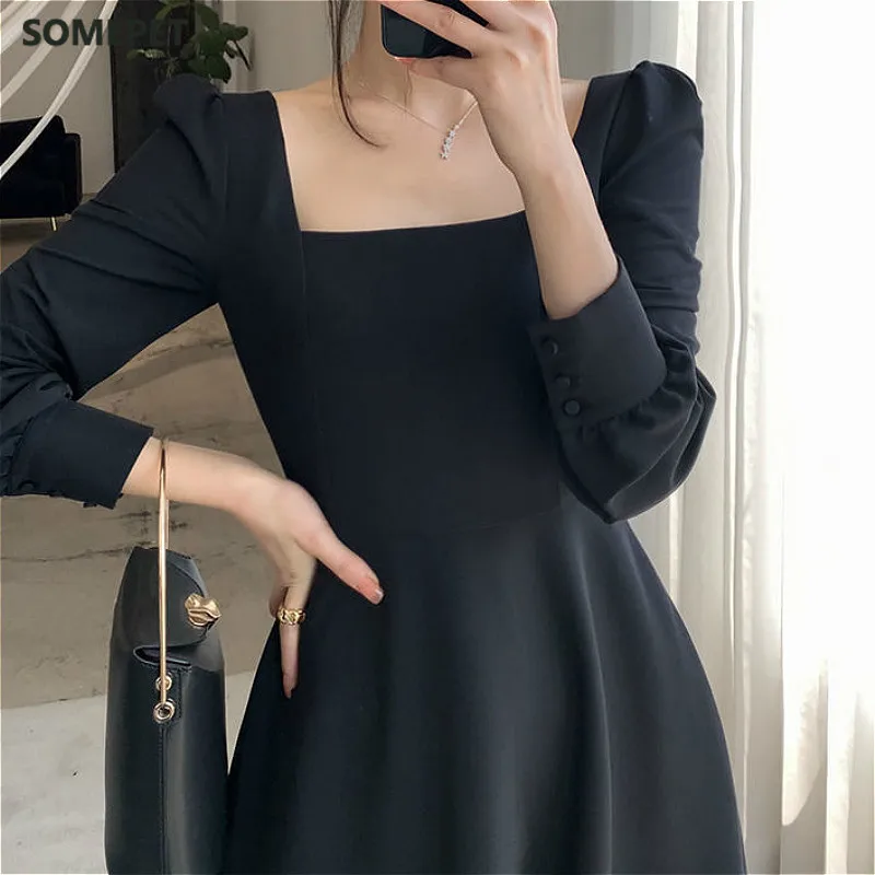 

Dress women Elegant Long Sleeve Ladies New Clothing Pure Vintage Midi Square Collar Black Chic Oversize French Style Retro