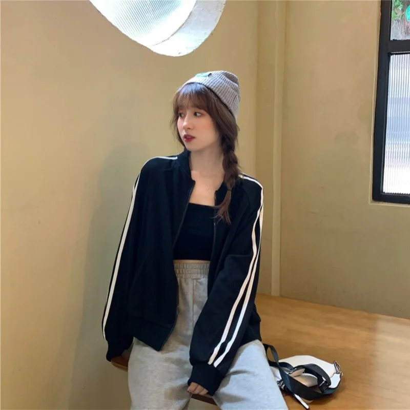 

Женское тонкое пальто в полоску, Свободный кардиган на молнии в Корейском стиле, повседневный Топ, Осень-зима 2021