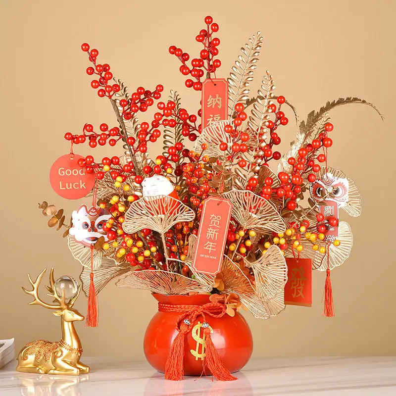 Китайская Красная фруктовая Фортуна металлическая ваза-ведро поддельные цветы