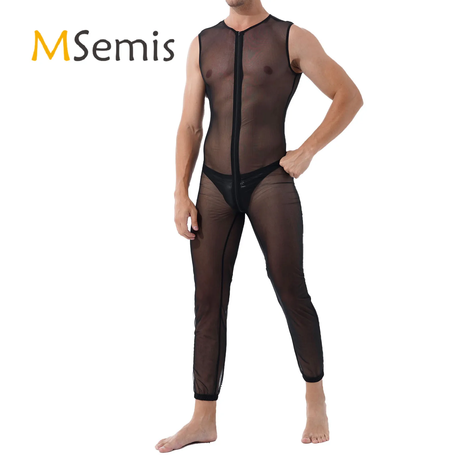 

Нижнее белье, прозрачный сетчатый боди, мужской однотонный комбинезон на молнии без рукавов, Комбинезоны для выступлений, клубов, ночных кл...