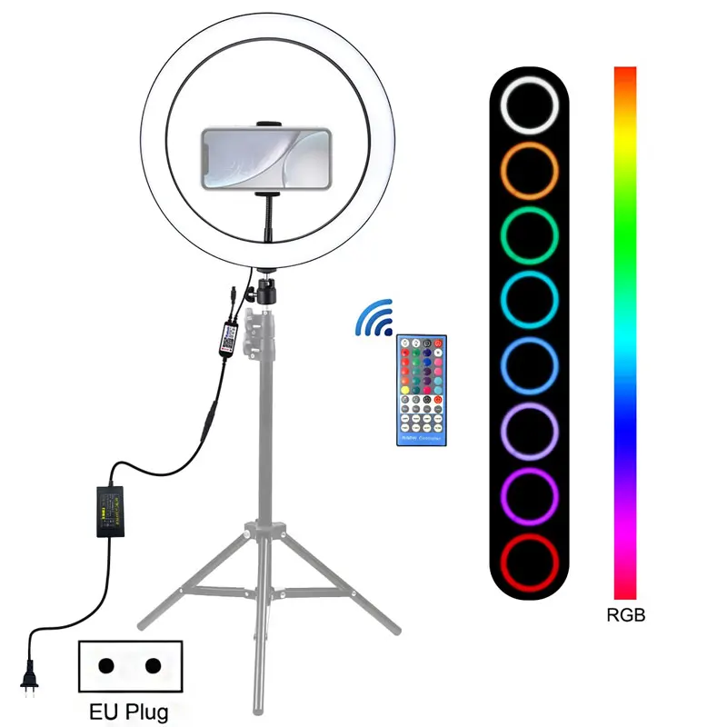 

Кольцевой RGB-светильник, 12 дюймов, светодиодное кольцо с регулируемой яркостью, 30 см, цветное управление через приложение, с зажимом для теле...