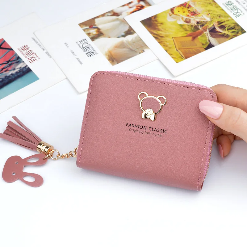 

Japanese Korean Version Simple Small Women Cash Wallets Cute Bear Zipper Female Students Short Coin Purse Mini ID Card Bags Slim
