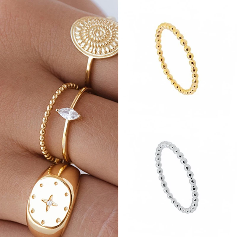 

24k Gold-Plated Silver Minimalist Thin Rings for Women metal Vintage Metal Knuckle Finger Rings Beaded Stackable Ring Jewelry