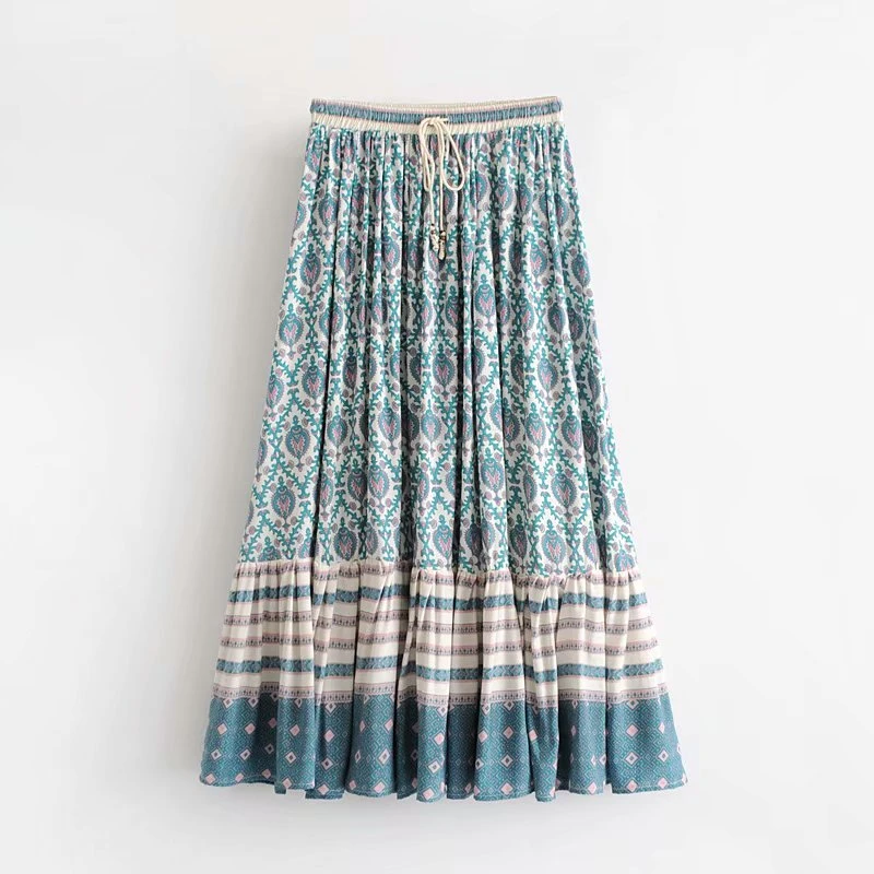 as picture Boho шикарная Женская пляжная юбка хиппи с зеленым цветочным принтом, богемная юбка с высокой эластичной талией из вискозы, трапециевидная юбка миди для женщин - Цвет: as picture