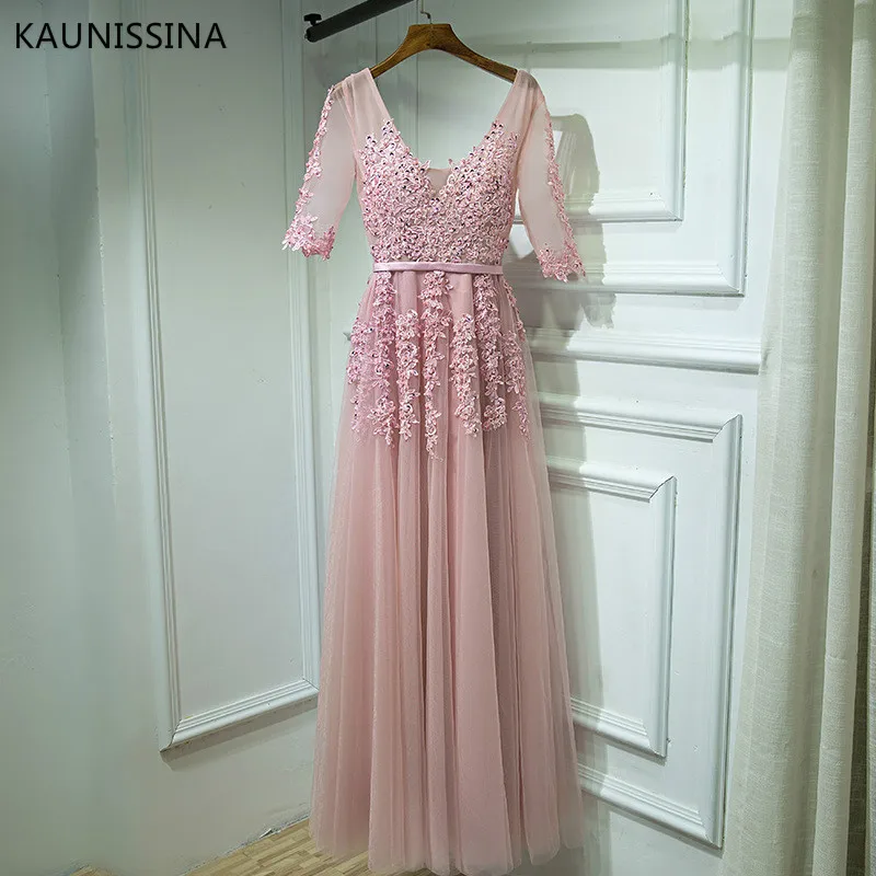 Pink 2 KAUNISSINA элегантное вечернее платье размера плюс с аппликацией, вечерние платья для выпускного вечера, вечерние платья с v-образным вырезом, настоящая фотография, Vestido 14 размера s - Цвет: Pink 2