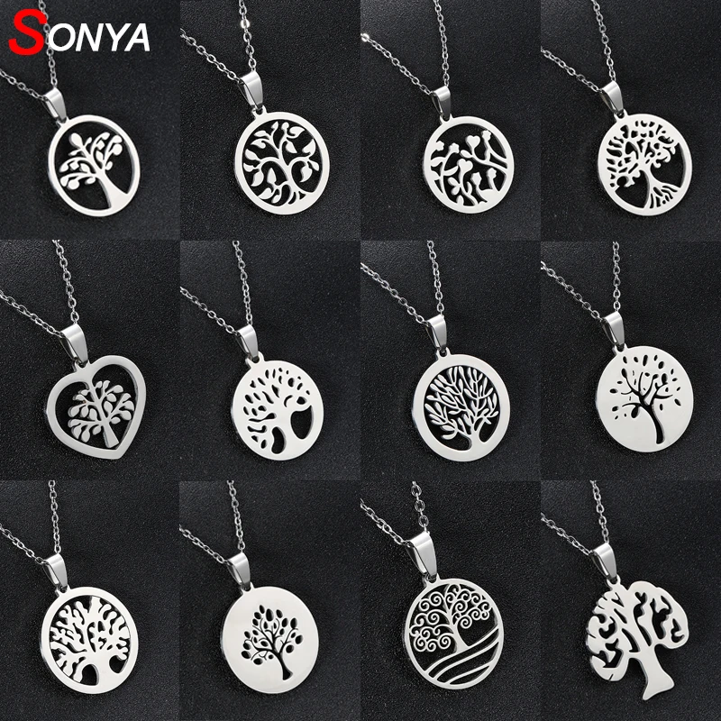 Колье из нержавеющей стали с маленьким круглым кулоном Древо жизни|Ожерелья