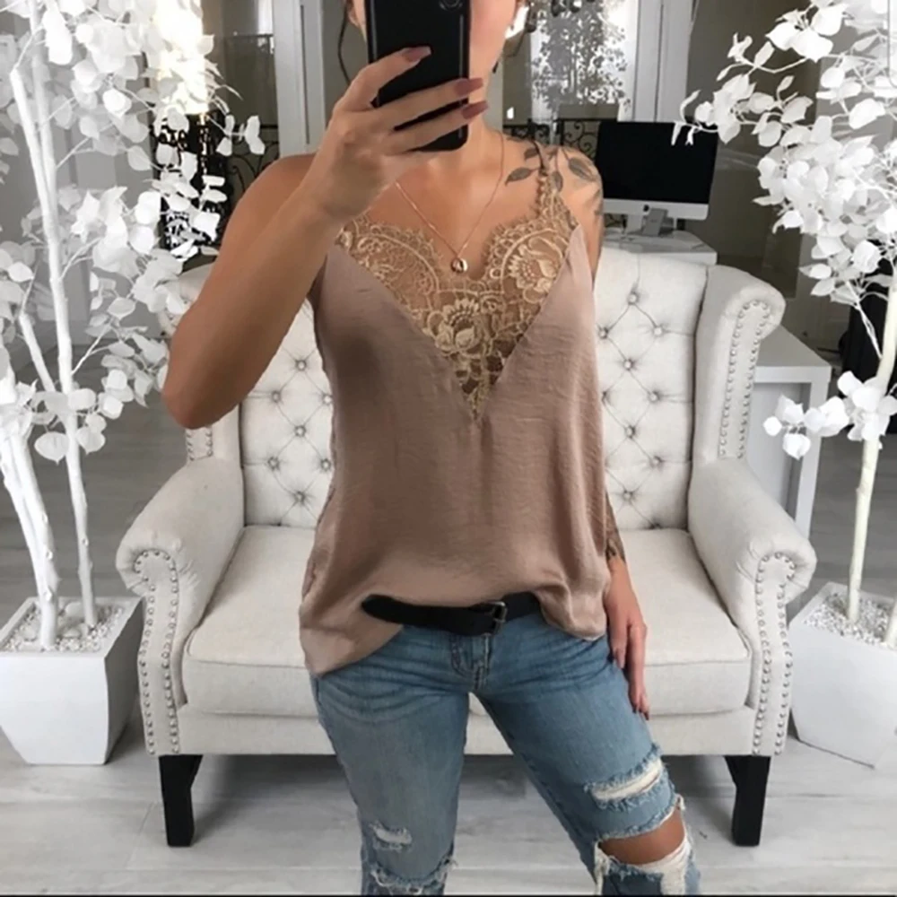 HEFLASHOR Casual Loose Summer Vest Women Sexy Lace V Neck Sling Tops Sleeveless T-Shirt Solid Spaghetti Straps 2020 Fashion | Женская