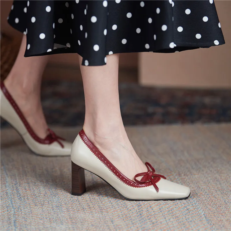 

MORAZORA 2021 New Arrival Women Pumps Genuine Leather High Heels Shoes Summer Shallow Party Wedding Shoes Rice White