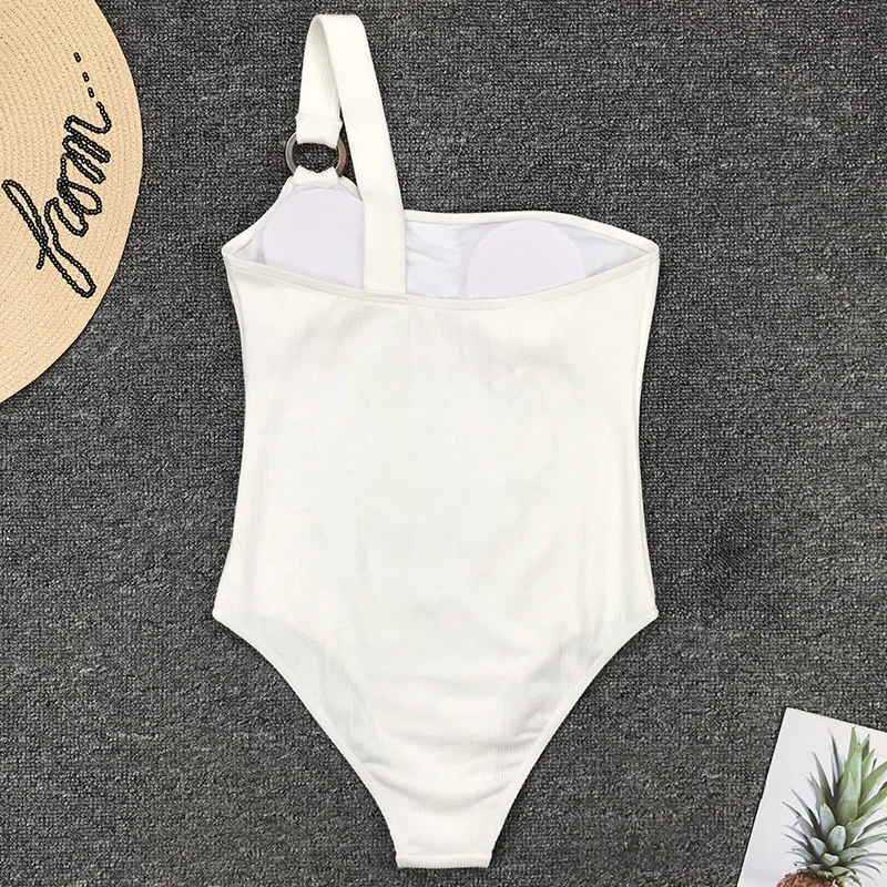 New Sexy Ribbed One Shoulder Female Swimwear One Piece Swimsuit Women Monokini High Cut Trikini Ring Bathing Suit Swim Bodysuit